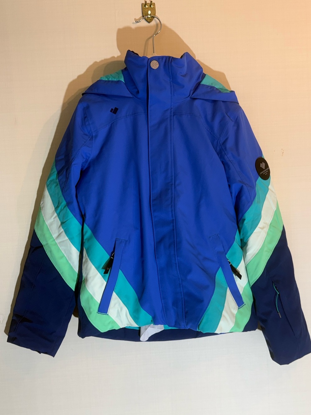 Kids Obermeyer Blue Chevron Ski Jacket with Aqua Accents